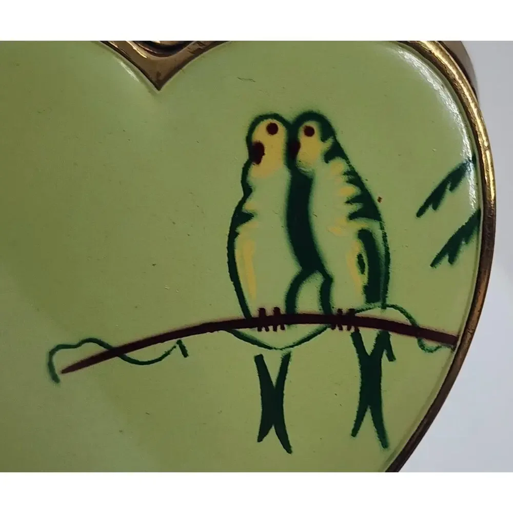 Vintage Heart Compact Lovebirds Mirror Powder Case USA Gold Tone Enamel RARE